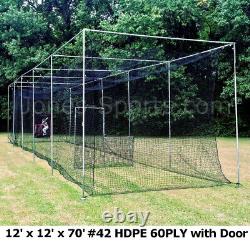 Batting Cage Net 12' x 12' x 70' #42 HDPE (60PLY) with Door Heavy Duty Baseball