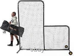 L Screen Baseball Batting Cage Net with Wheels 7x7 Feet, 3.5x3.5 Inch Cutout